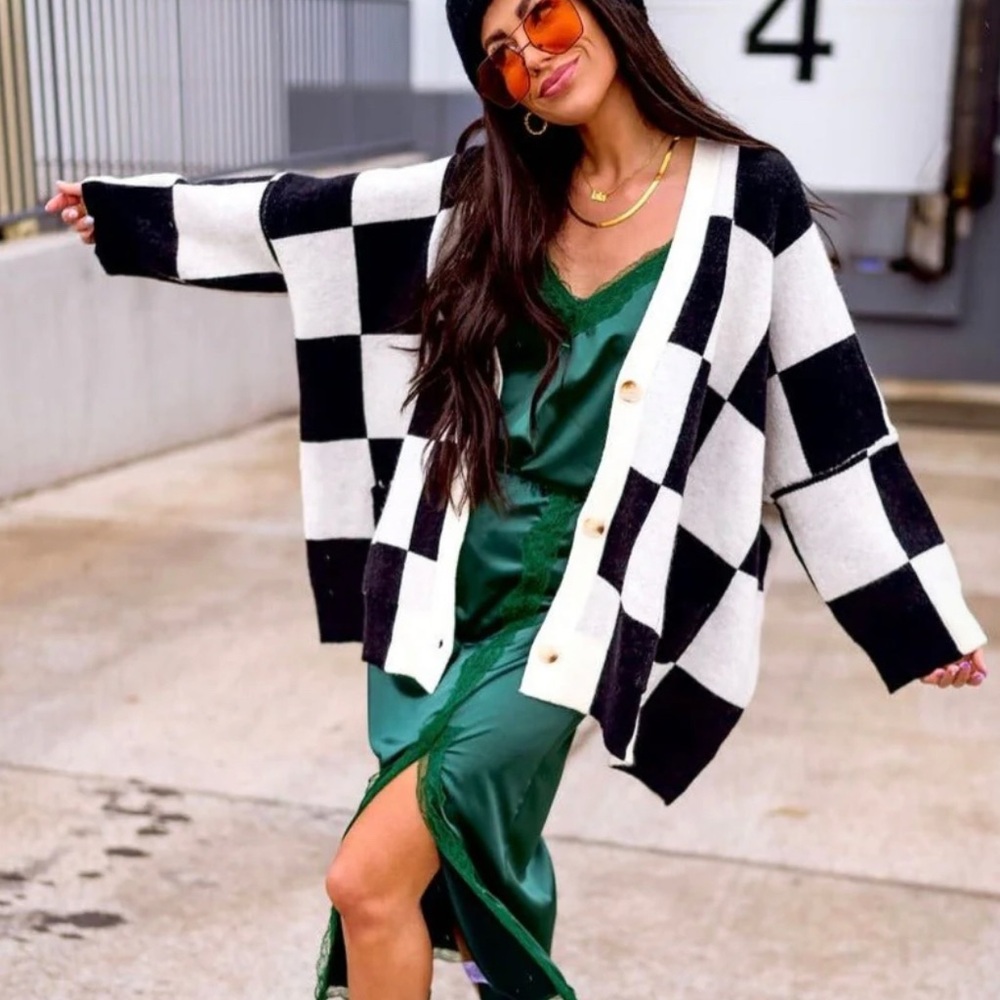 Dressed in LALA Black and White Checkered Cardigan